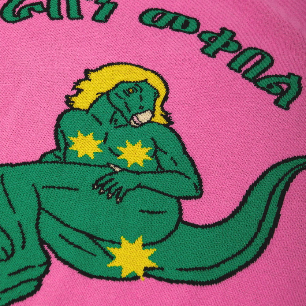 Green creature with yellow stars on a pink background with text