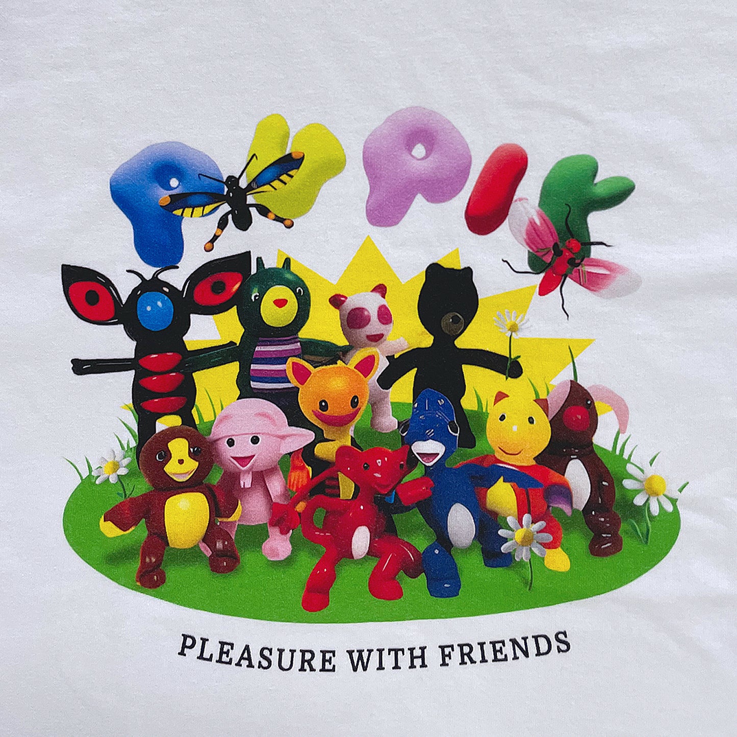 Colorful cartoon characters with the text 'Pleasure with Friends' on a white background