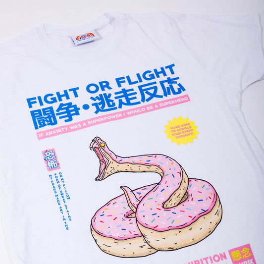 Close-up of the Pupik ‘Fight or Flight’ digital print showing the donut-snake artwork and blue typography