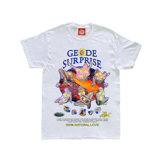 Pupik Geode Surprise T-Shirt — front graphic in black and white color options.