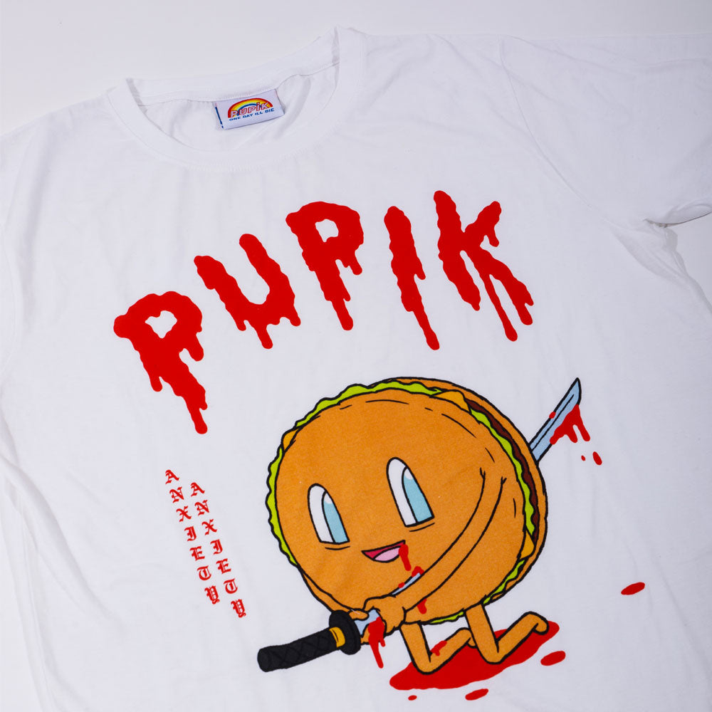 White sweatshirt with a cartoon hamburger character and 'Pupik' text on a white background