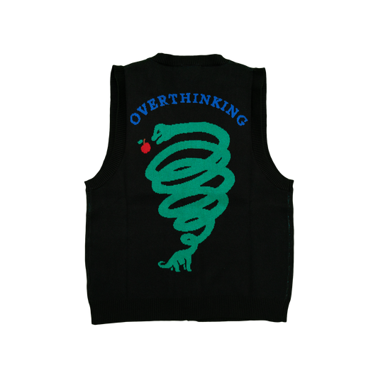Pupik Overthinking knitted vest in black with front and back knit graphics.