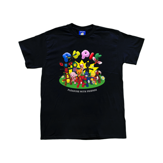 Pupik Pleasure With Friends T-Shirt — a white tee featuring a group of colorful surreal characters standing on green grass with flowers, the Pupik logo above them in balloon letters, and the text “Pleasure With Friends” below. Available in black and white.