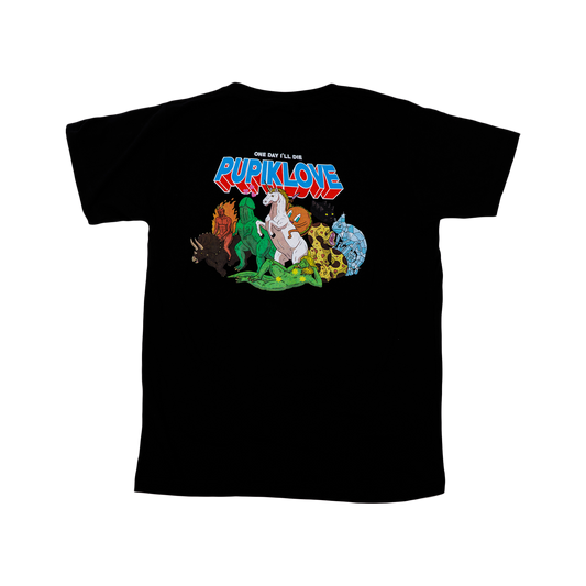 Pupik Love black t-shirt with large colorful back graphic featuring multiple characters