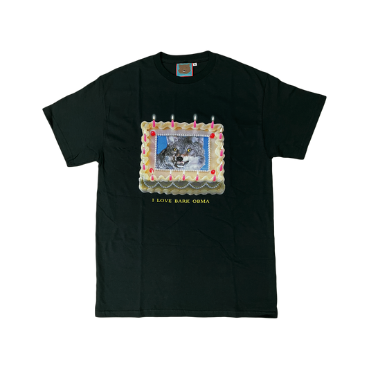 Pupik black T-shirt with the “I Love Bark Obama” Pupik graphic printed on the front.