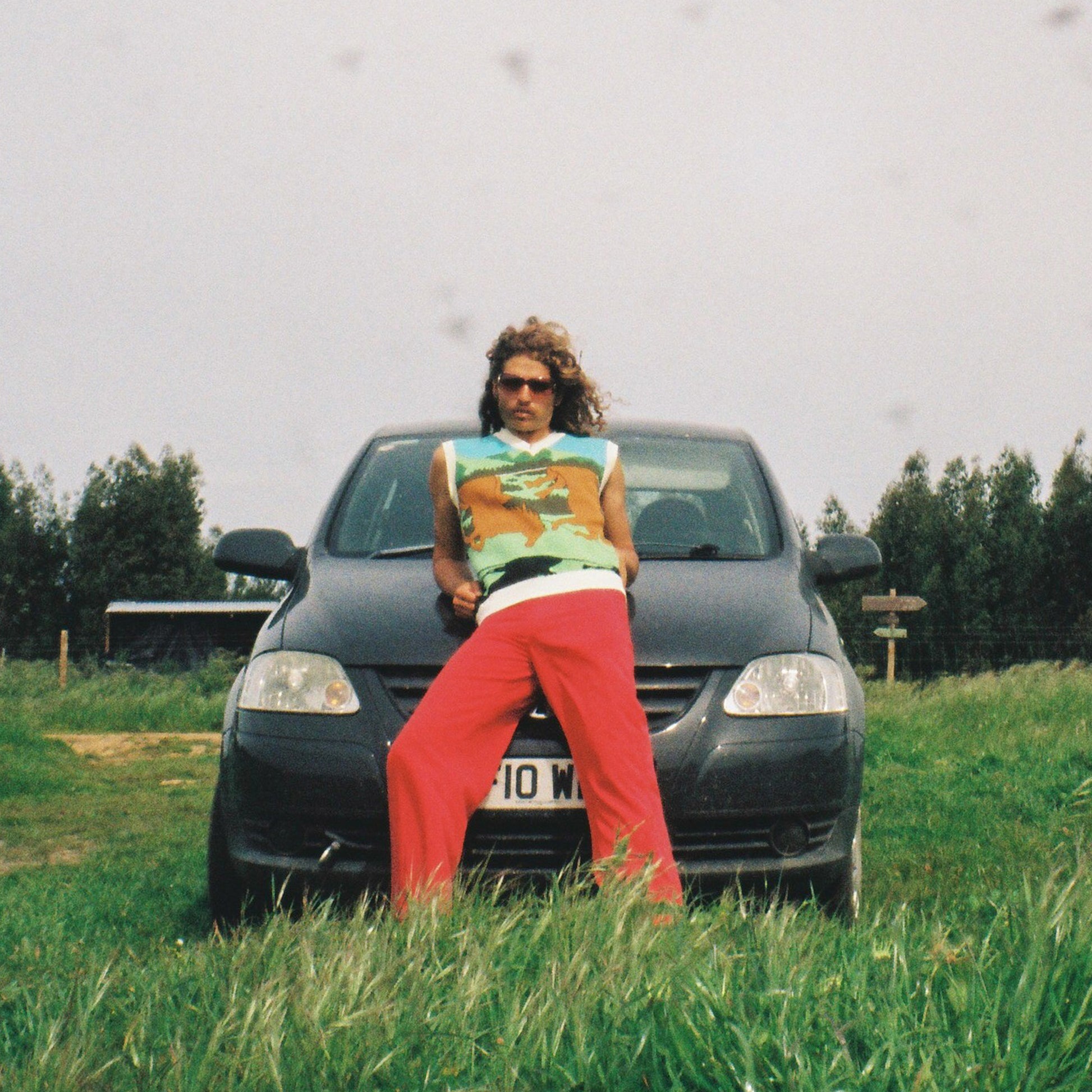 Person sitting on a car in a grassy field with trees in the background