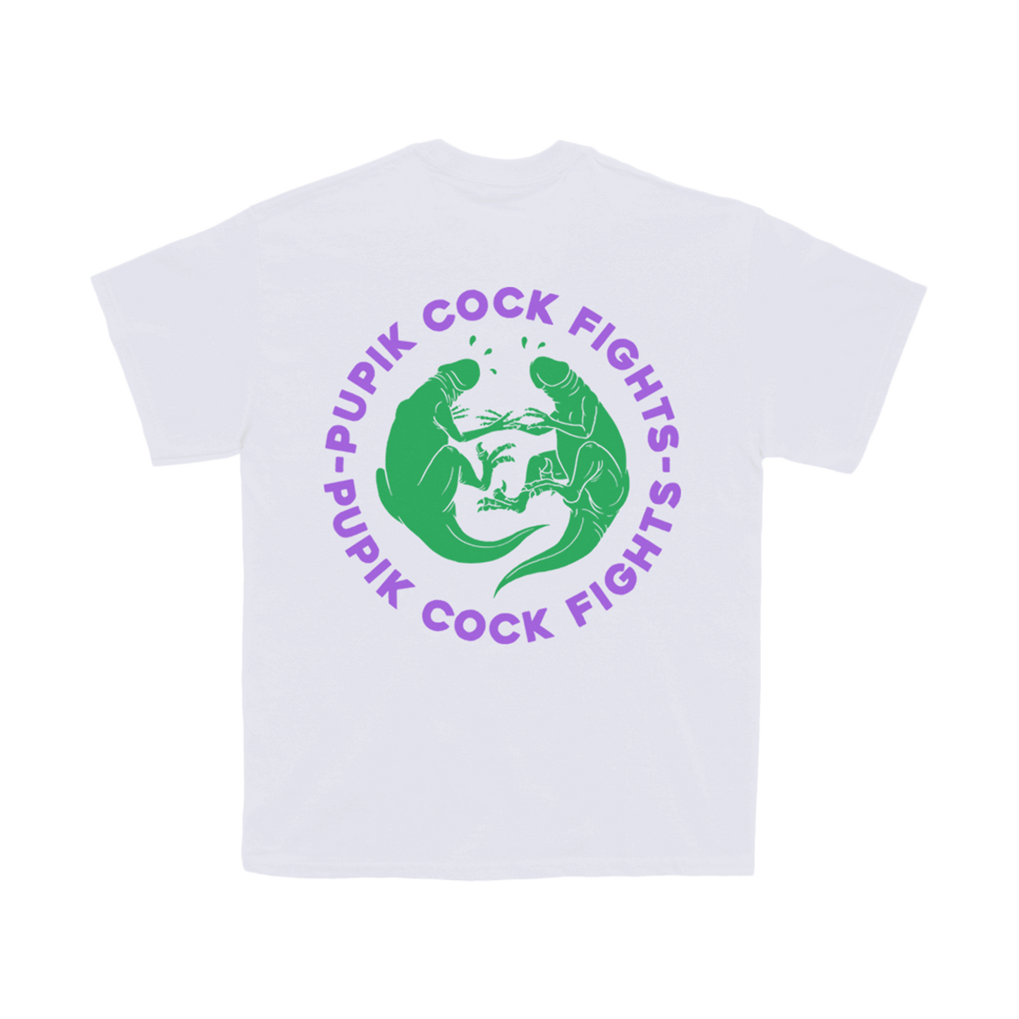 White Pupik Cockfights T-shirt with a large circular black graphic on the back featuring two fighting creatures and the text ‘PUPIK COCK FIGHTS’