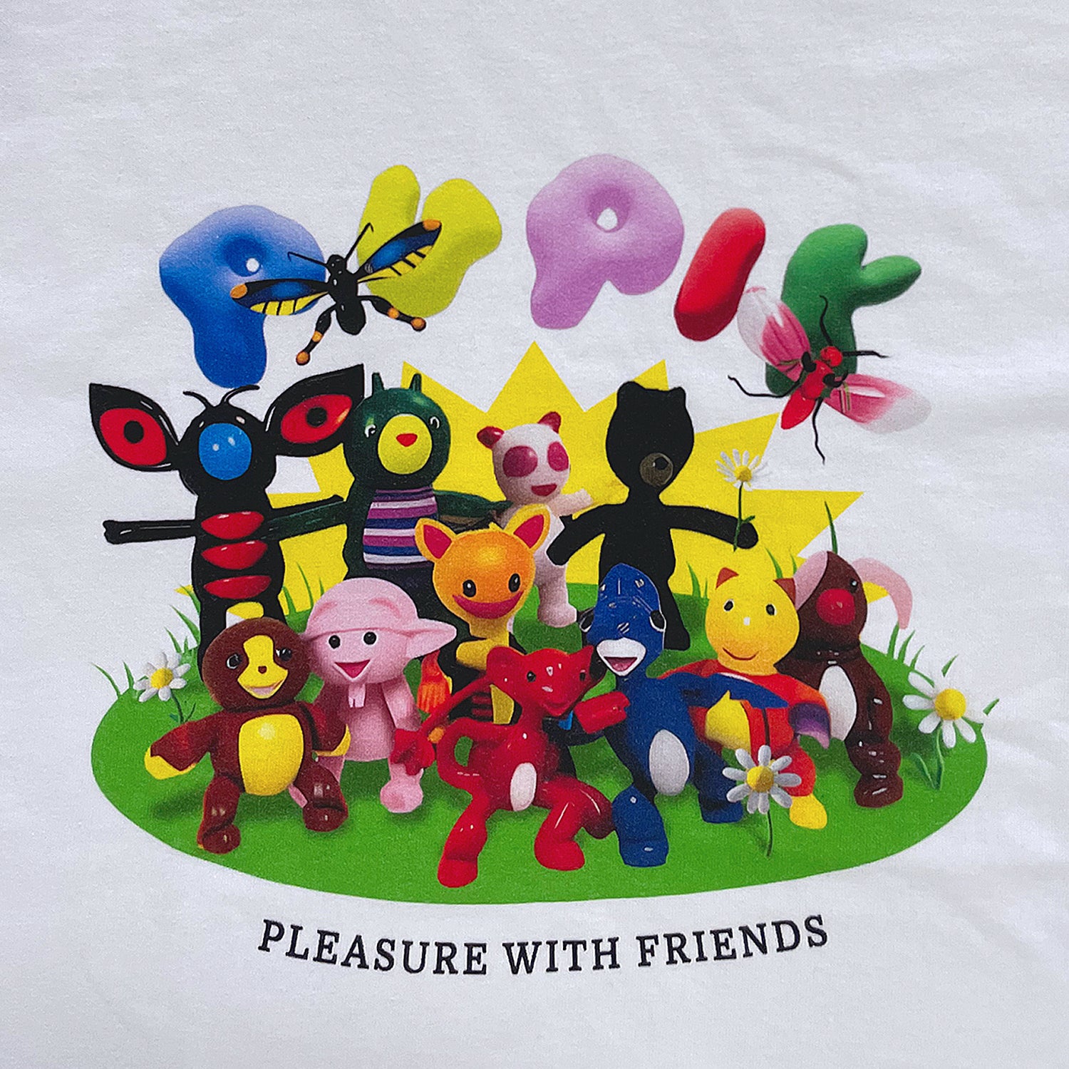 Colorful cartoon characters with the text 'Pleasure with Friends' on a white background