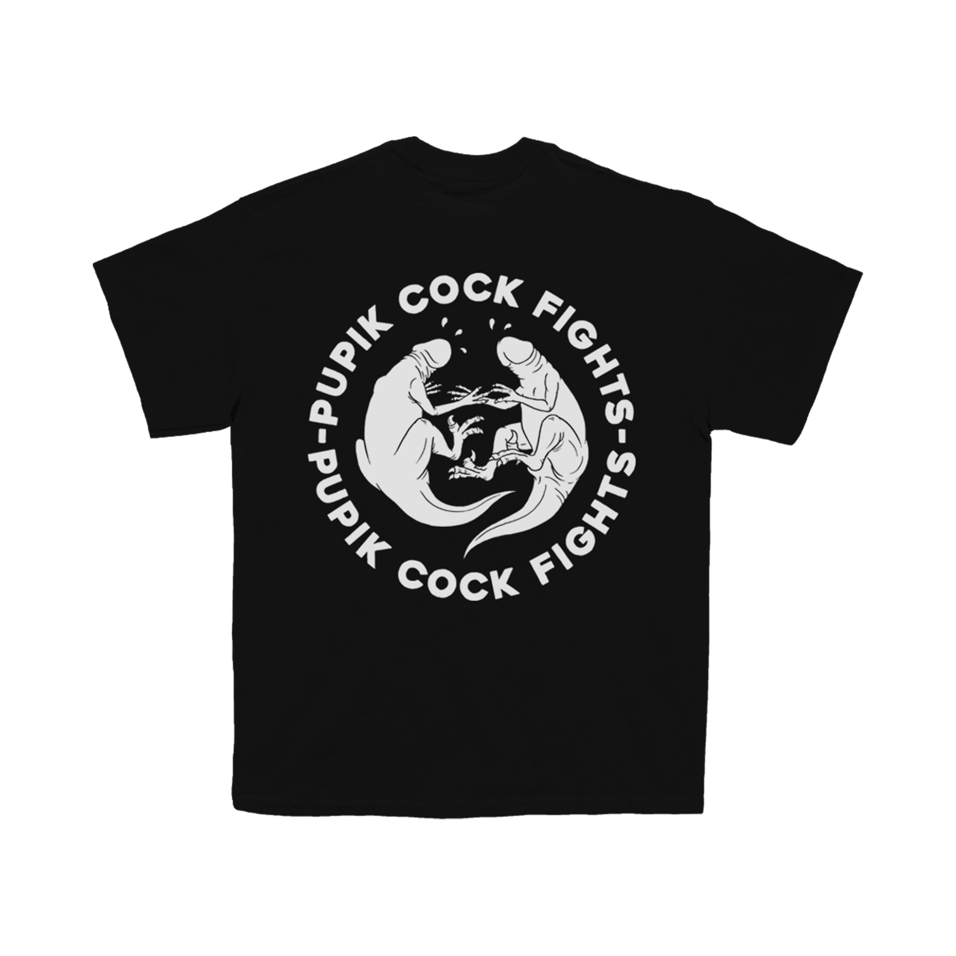 Black Pupik Cockfights T-shirt with a large circular white graphic on the back featuring two fighting creatures surrounded by the text ‘PUPIK COCK FIGHTS’.”