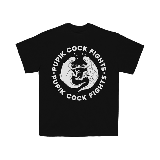 Black Pupik Cockfights T-shirt with a large circular white graphic on the back featuring two fighting creatures surrounded by the text ‘PUPIK COCK FIGHTS’.”