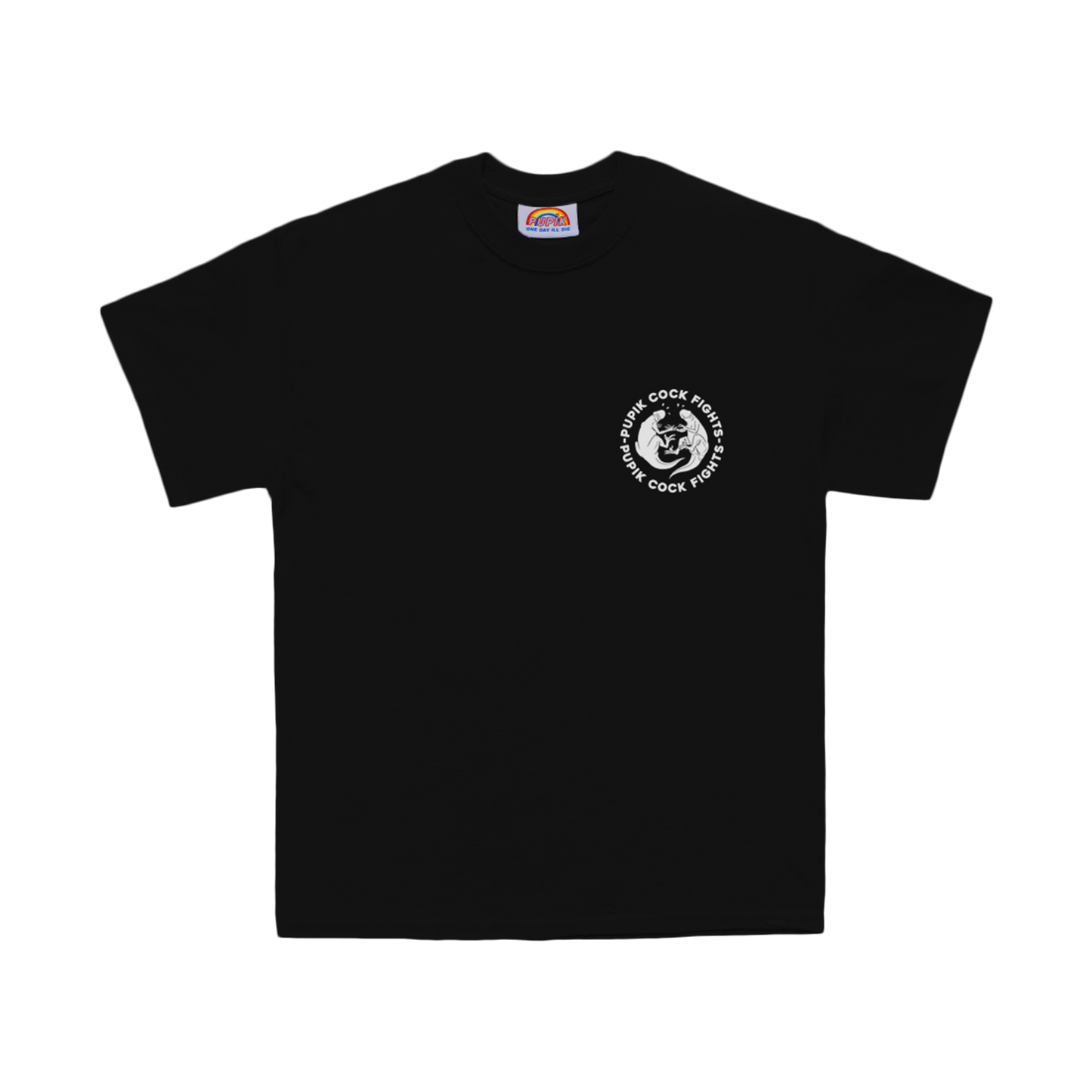 Black Pupik Cockfights T-shirt with a small circular emblem on the left chest showing two stylized creatures fighting, printed in white.”