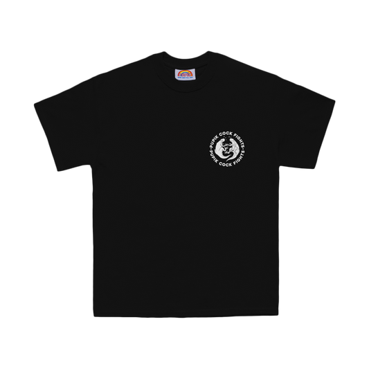 Black Pupik Cockfights T-shirt with a small circular emblem on the left chest showing two stylized creatures fighting, printed in white.”