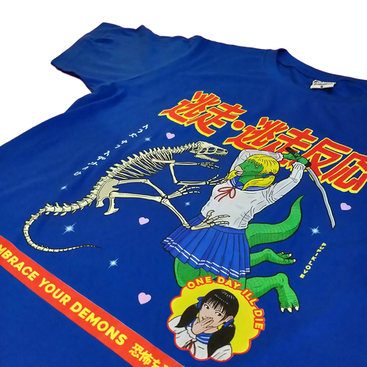 Close-up of the screen-printed front graphic on the royal blue shirt