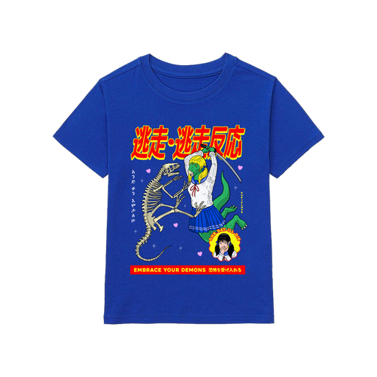 Royal blue T-shirt with a large front graphic in bold colors.