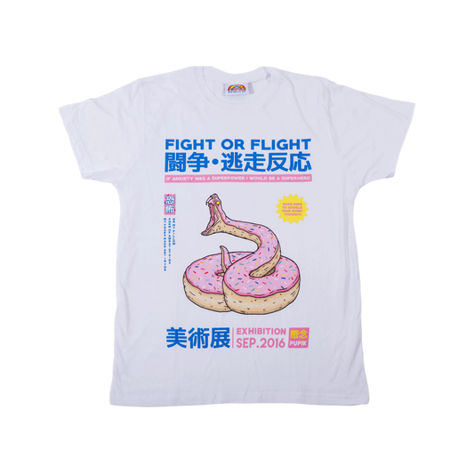 A heavy-weight tee featuring the Pupik “Fight or Flight” front graphic. Soft cotton, crisp digital print, and a custom neck label