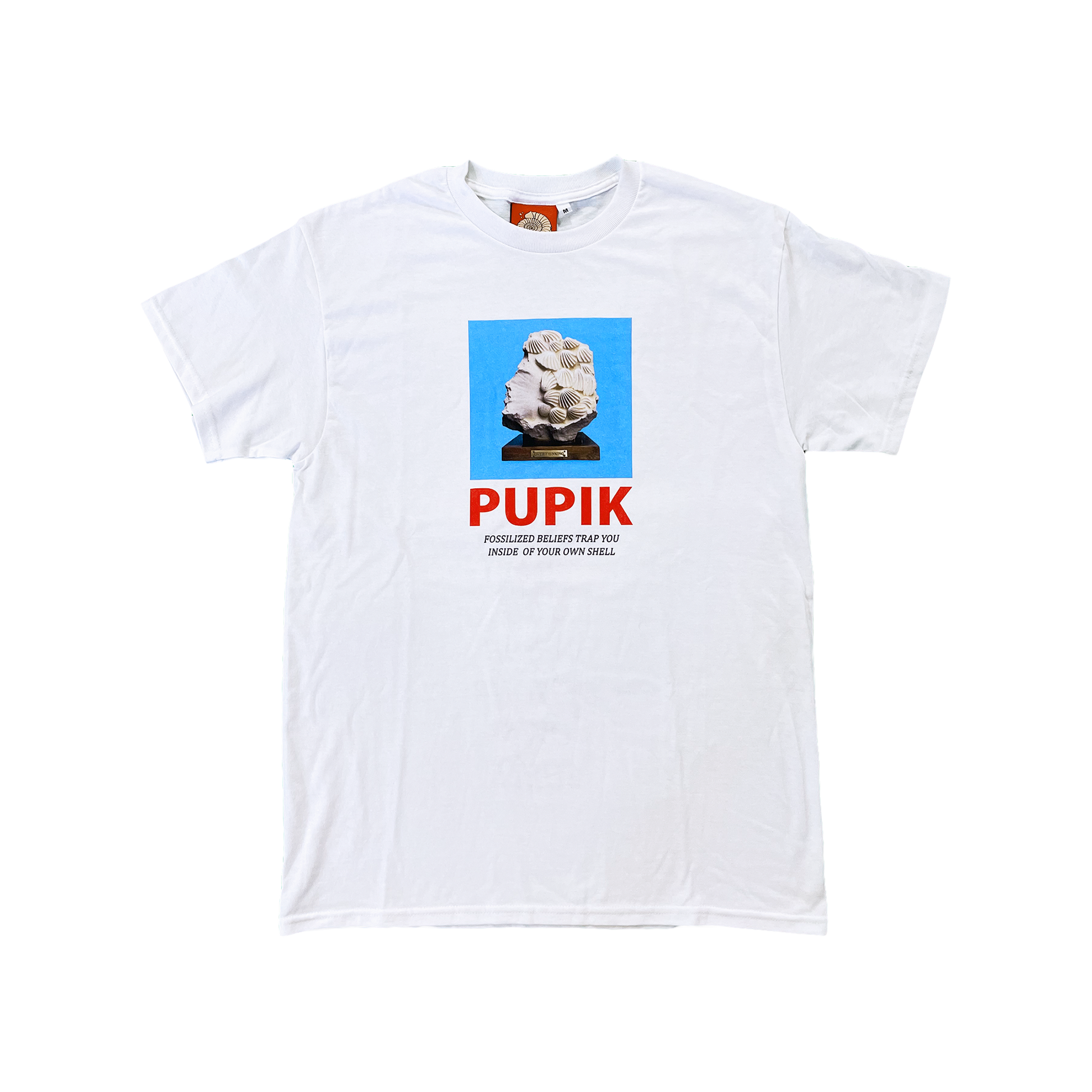 Pupik white T-shirt with a front graphic of a sculpted fossil head and red Pupik text.