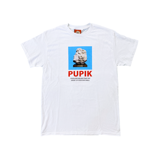 Pupik white T-shirt with a front graphic of a sculpted fossil head and red Pupik text.