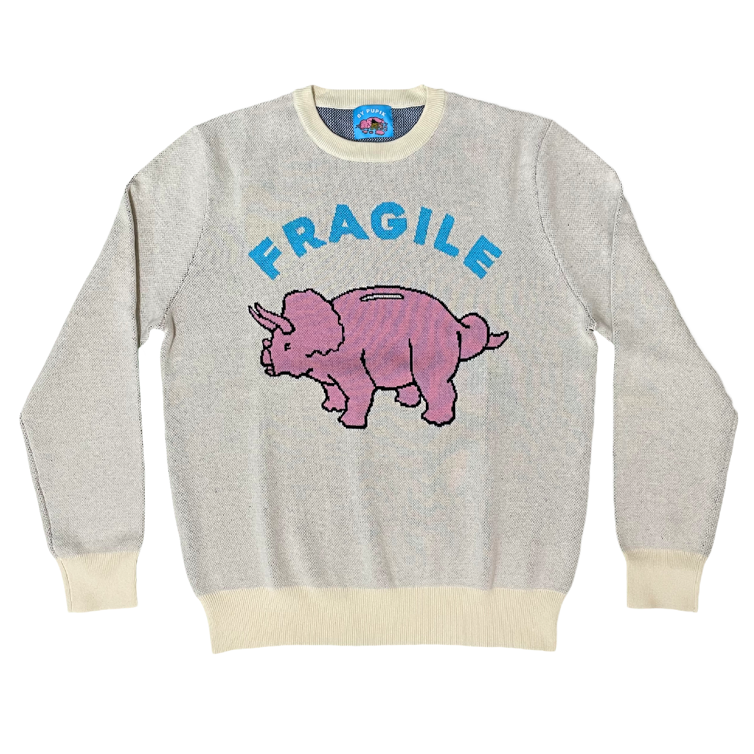 Gray sweater with pink triceratops and 'FRAGILE' text on a white background