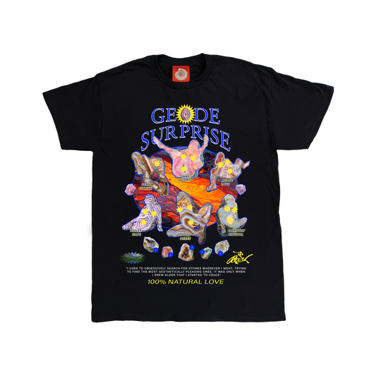 Pupik Geode Surprise T-Shirt — front graphic in black and white color options.