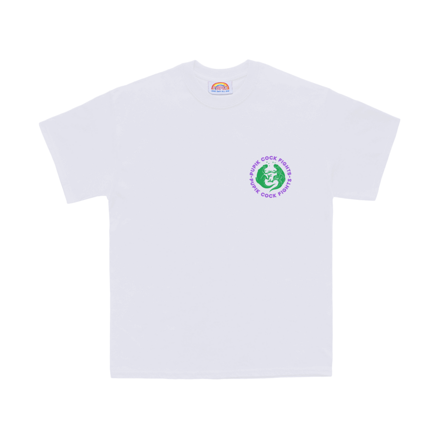White Pupik Cockfights T-shirt with a small circular emblem on the left chest in black, showing two stylized creatures fighting