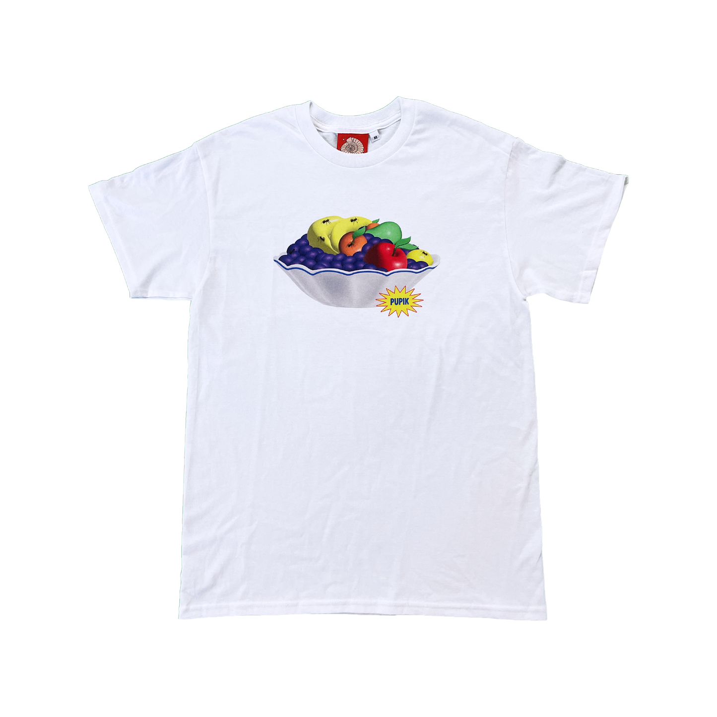 Pupik Fruit Bowl T-Shirt — white tee with fruit bowl graphic on the front.