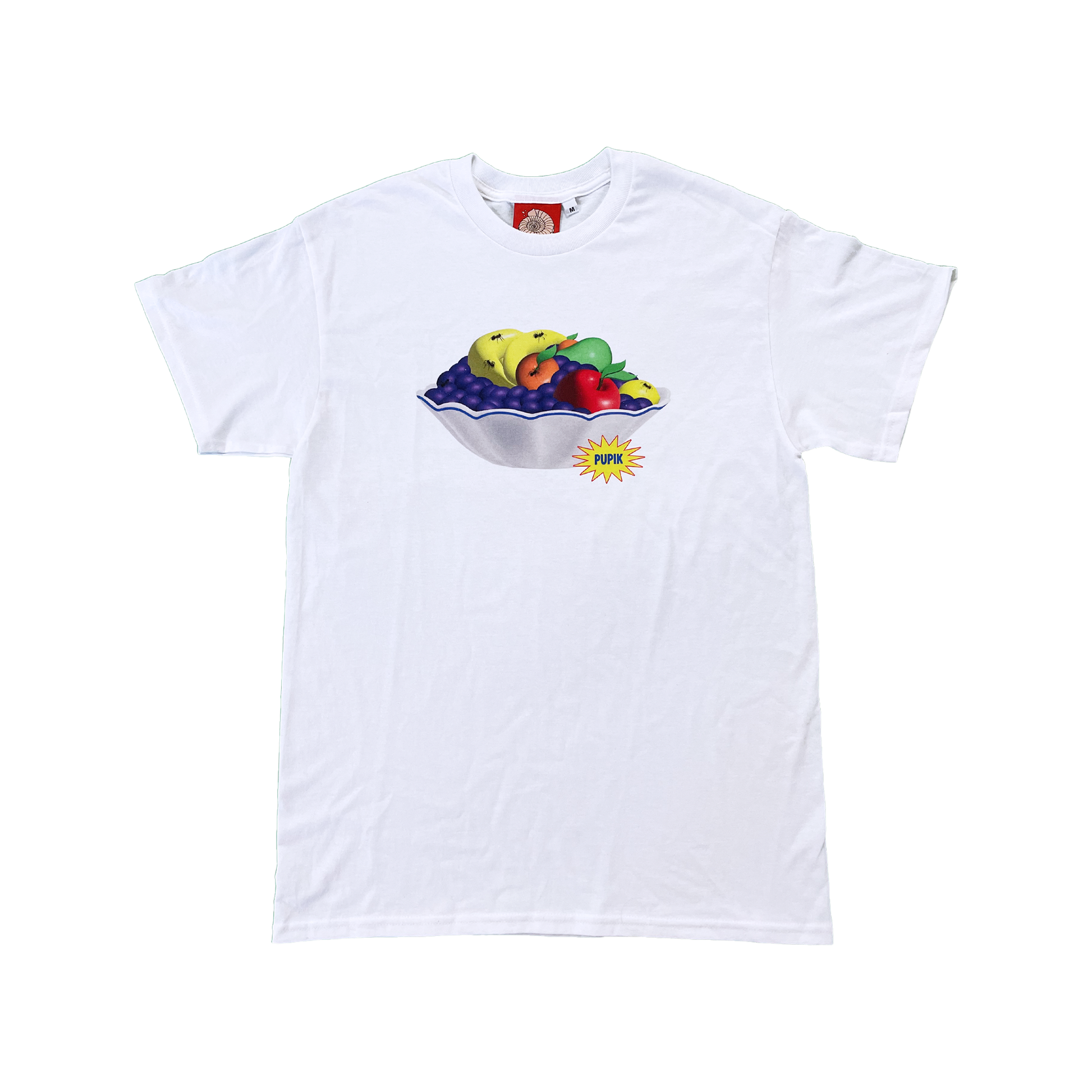 Pupik Fruit Bowl T-Shirt — white tee with fruit bowl graphic on the front.