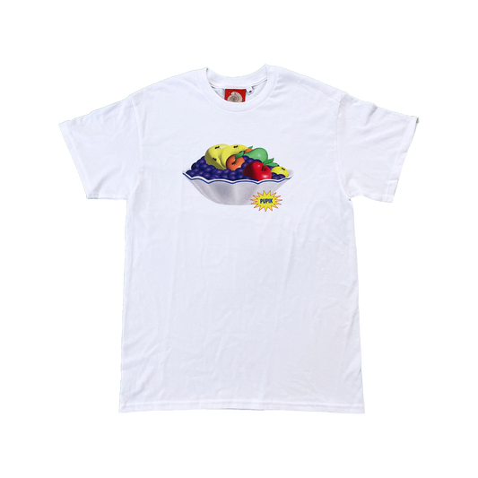 Pupik Fruit Bowl T-Shirt — white tee with fruit bowl graphic on the front.