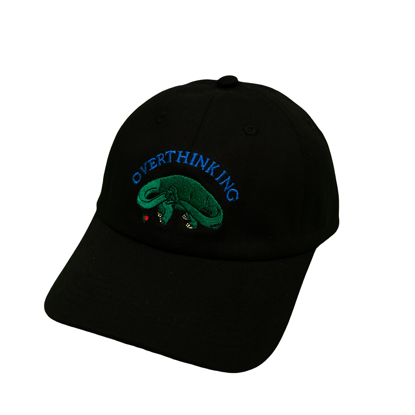 Black Pupik cap with “Overthinking” embroidery on the front and Pupik embroidery on the back.