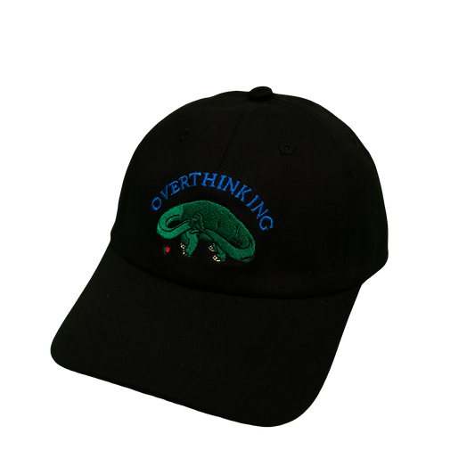 Black Pupik cap with “Overthinking” embroidery on the front and Pupik embroidery on the back.