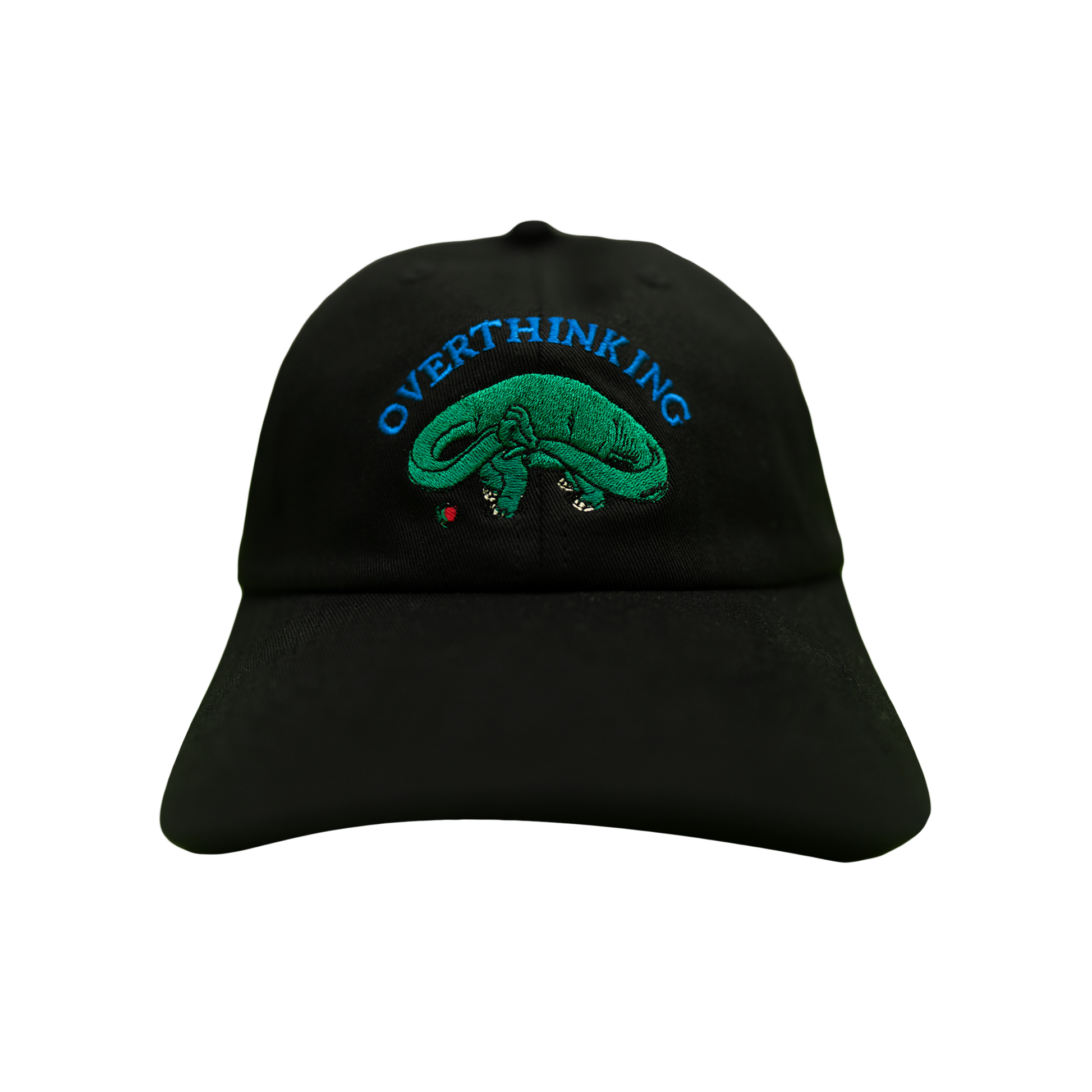 Black Pupik cap with “Overthinking” embroidery on the front and Pupik embroidery on the back.