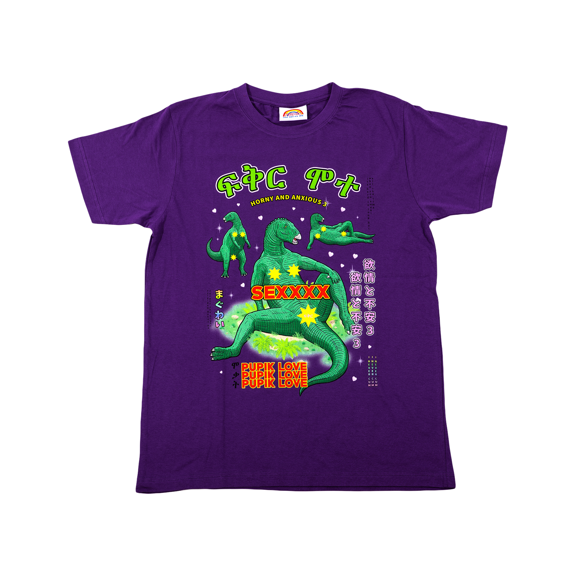 A heavy-weight tee featuring the Pupik “Horny & Anxious” front graphic. Soft cotton, crisp digital print, and