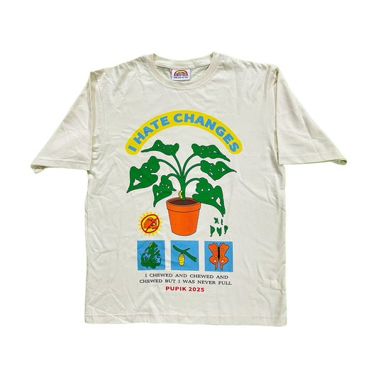 Pupik  sand T-shirt with the “I Hate Changes” Pupik graphic printed on the front.
