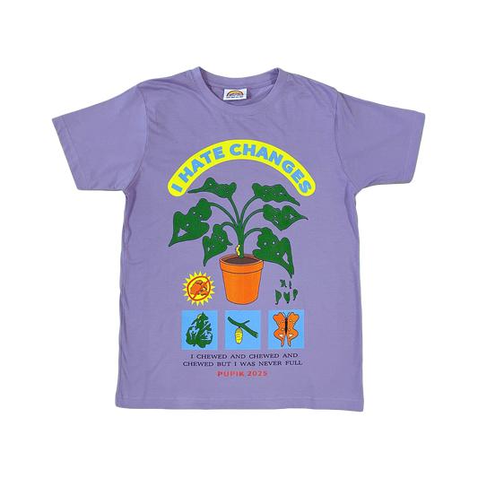 Pupik lilac T-shirt with the “I Hate Changes” Pupik graphic printed on the front.