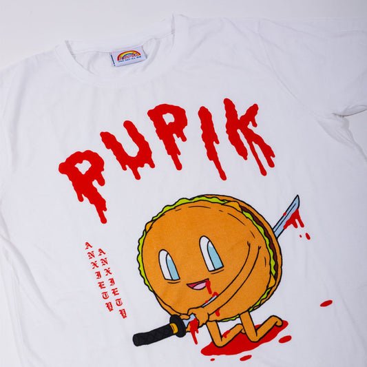 White sweatshirt with a cartoon hamburger character and 'Pupik' text on a white background