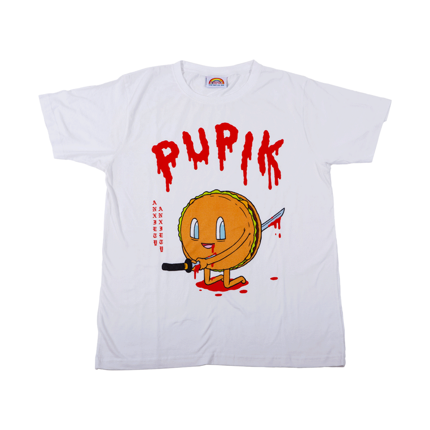 White t-shirt with a cartoon character and 'PUPiK' text on a white background
