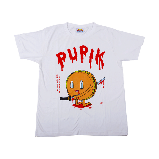White t-shirt with a cartoon character and 'PUPiK' text on a white background