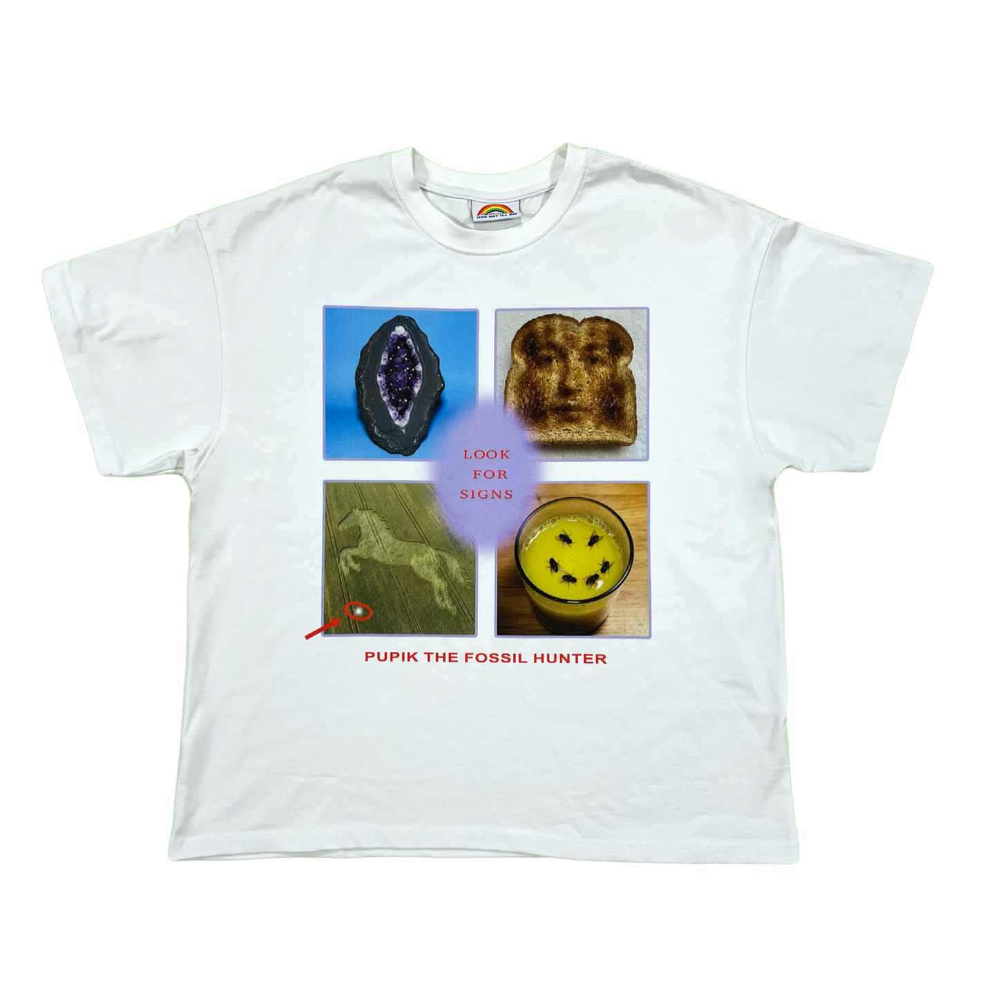 White t-shirt with graphic design featuring images of a geode, bread, and other elements on a white background.