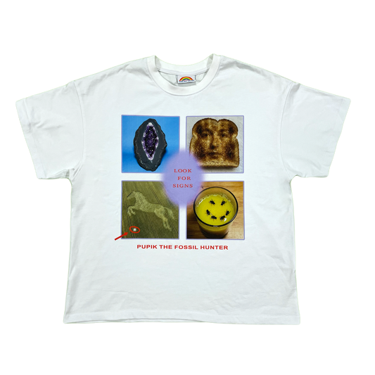 White t-shirt with graphic design featuring images of a geode, bread, and other elements on a white background.