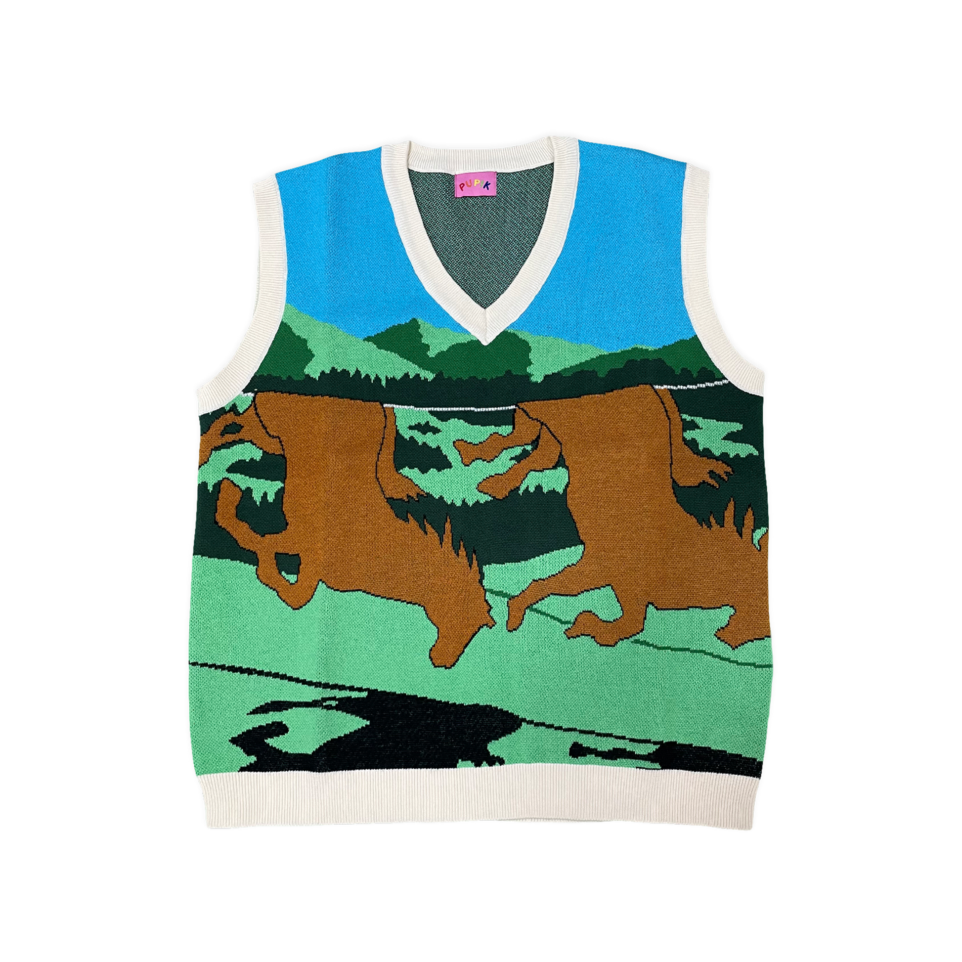 Knitted Pupik vest with an all-over landscape design.