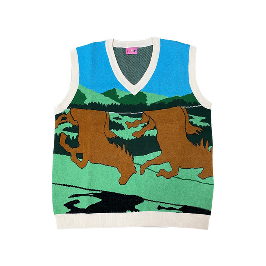 Knitted Pupik vest with an all-over landscape design.