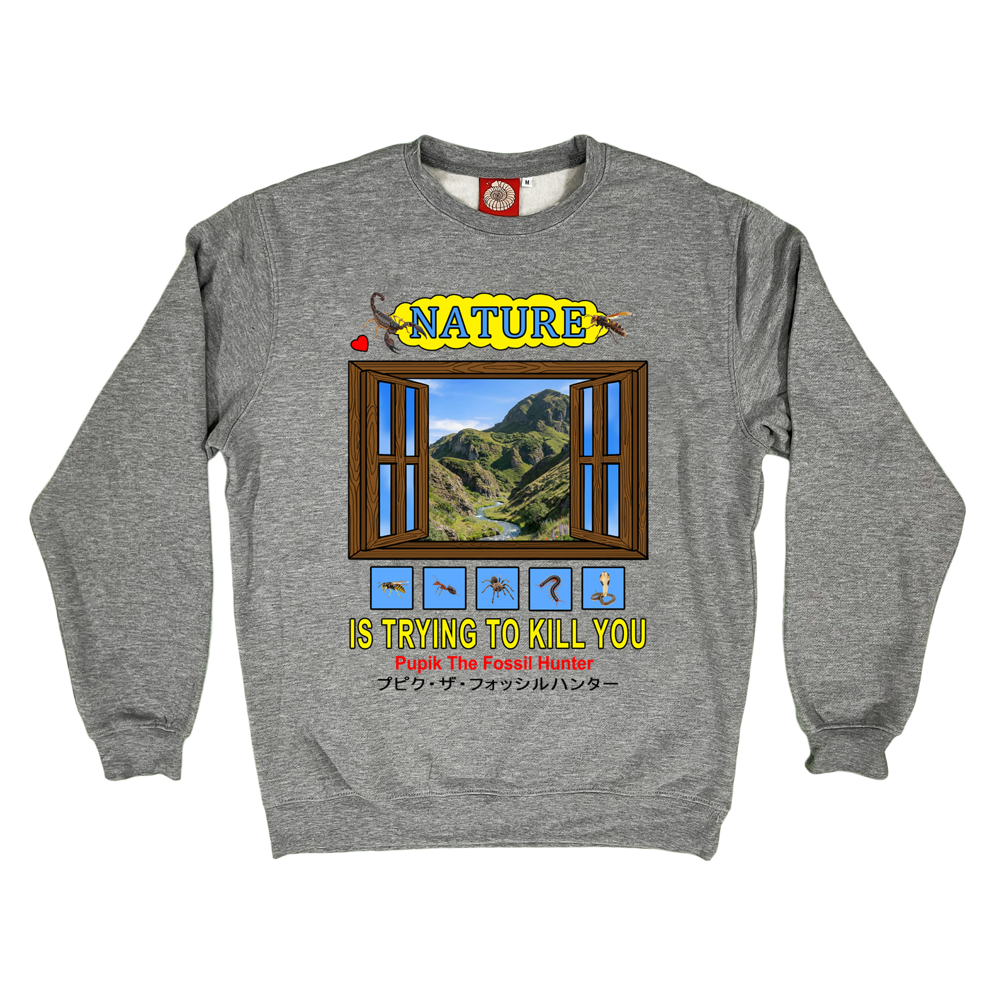Pupik Nature Is Trying to Kill You crewneck in heather grey with window landscape graphic and yellow title text.