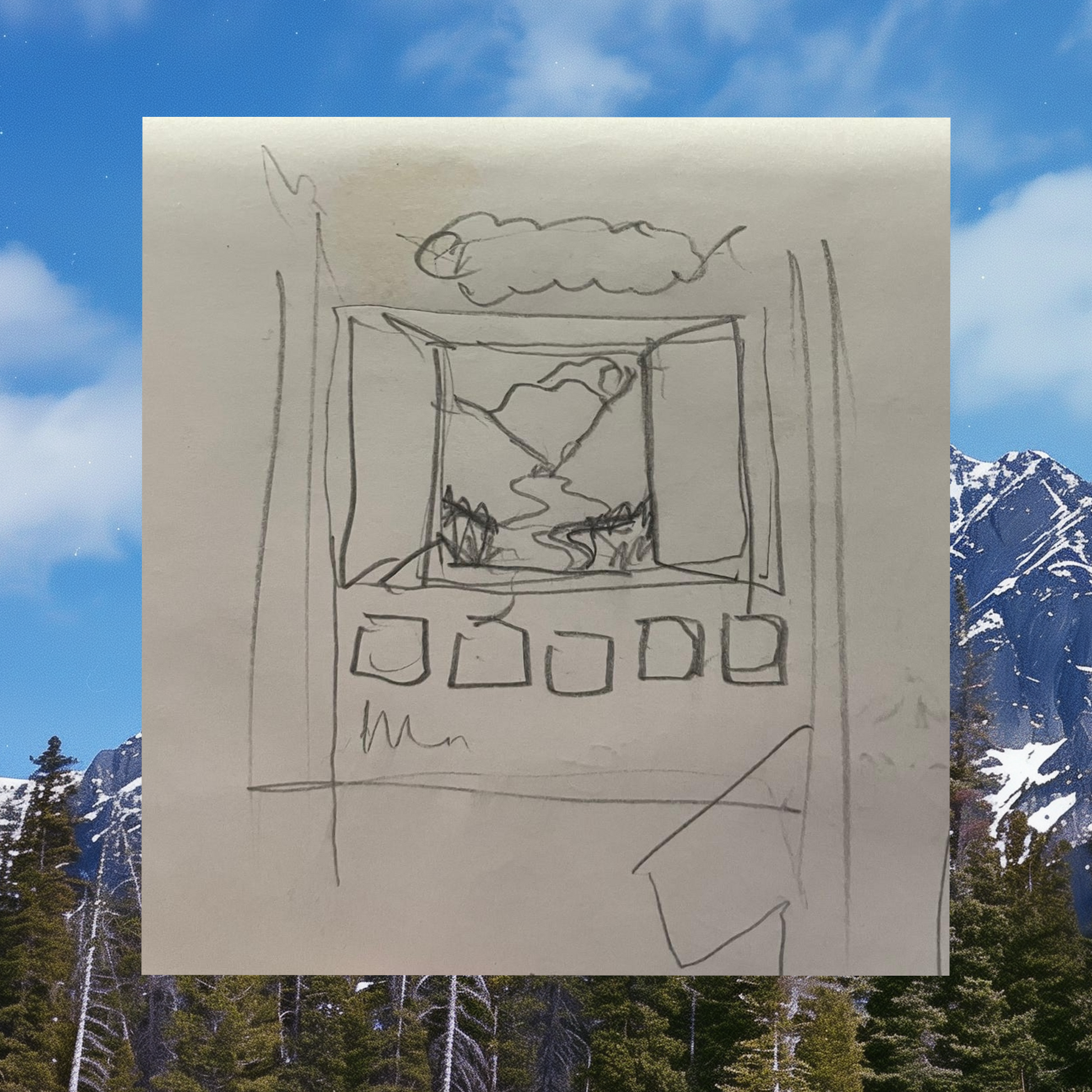 Hand-drawn landscape with mountains and trees on a white background, with a mountainous landscape in the background.