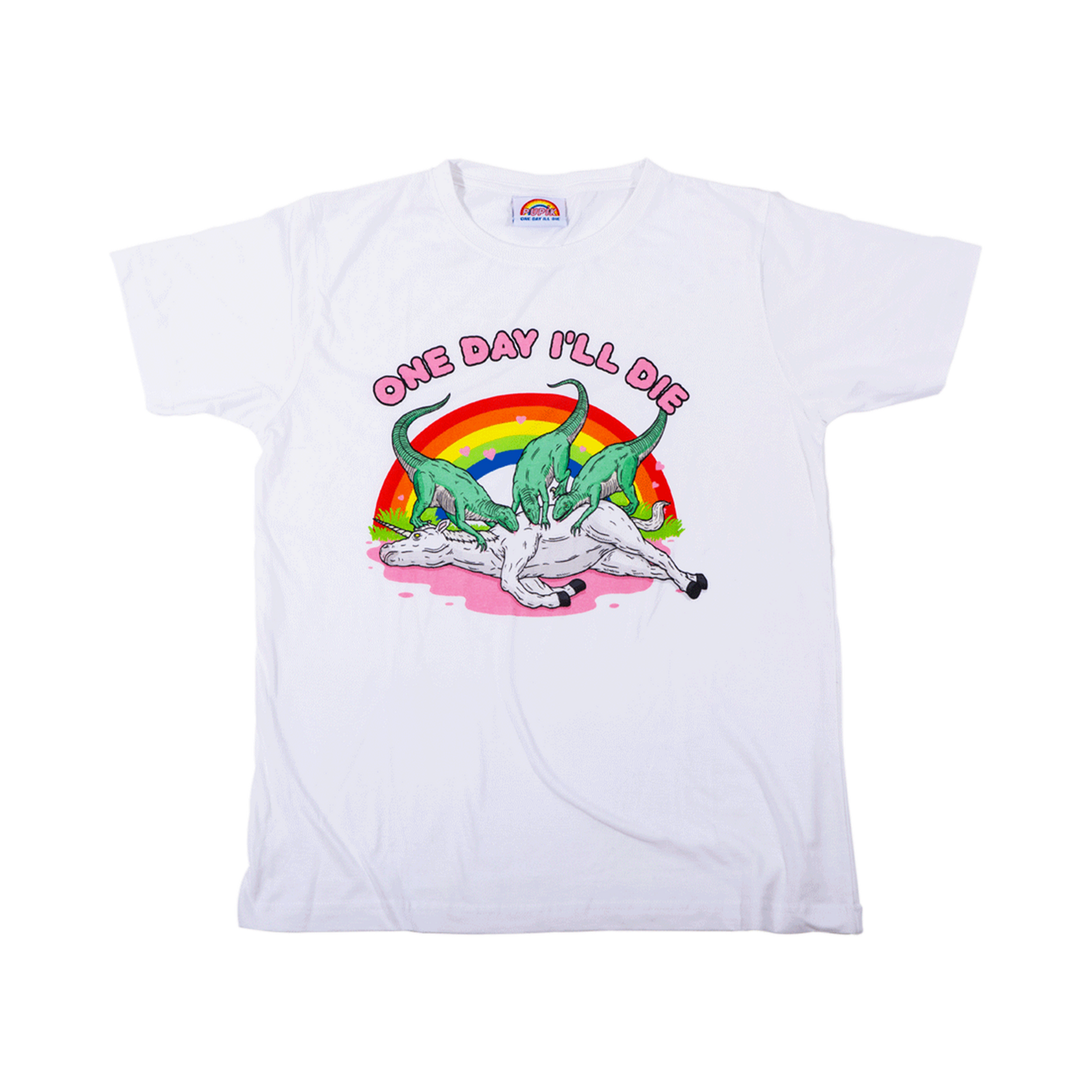 Pupik white T-shirt with the “One Day I’ll Die” Pupik graphic printed on the front.