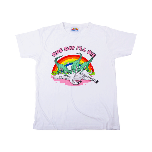 Pupik white T-shirt with the “One Day I’ll Die” Pupik graphic printed on the front.