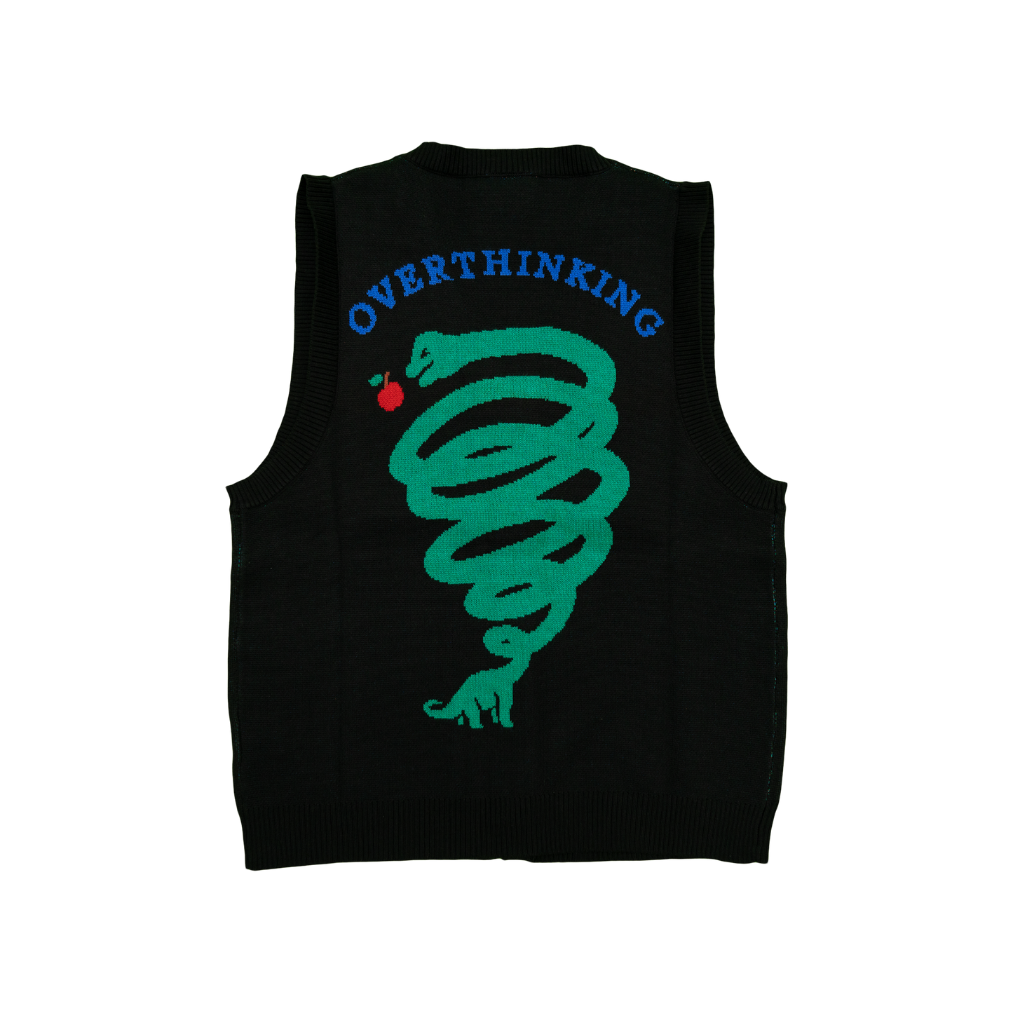 Pupik Overthinking knitted vest in black with front and back knit graphics.