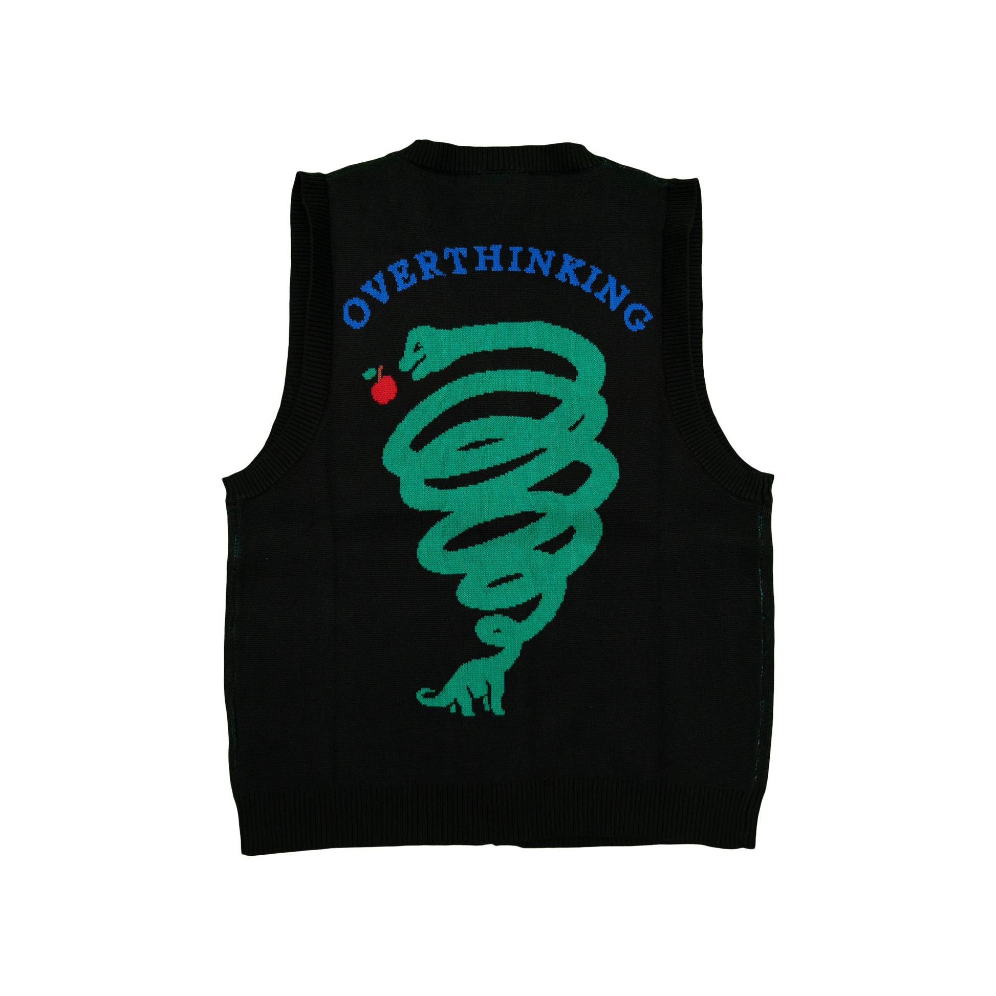 Pupik Overthinking knitted vest in black with front and back knit graphics.