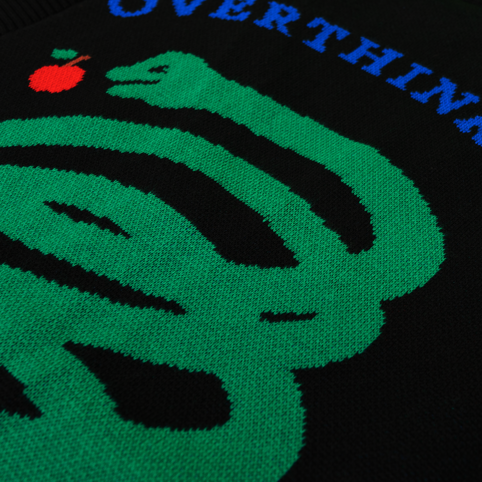 Green dinosuar design on a black background with text, featuring a red apple.