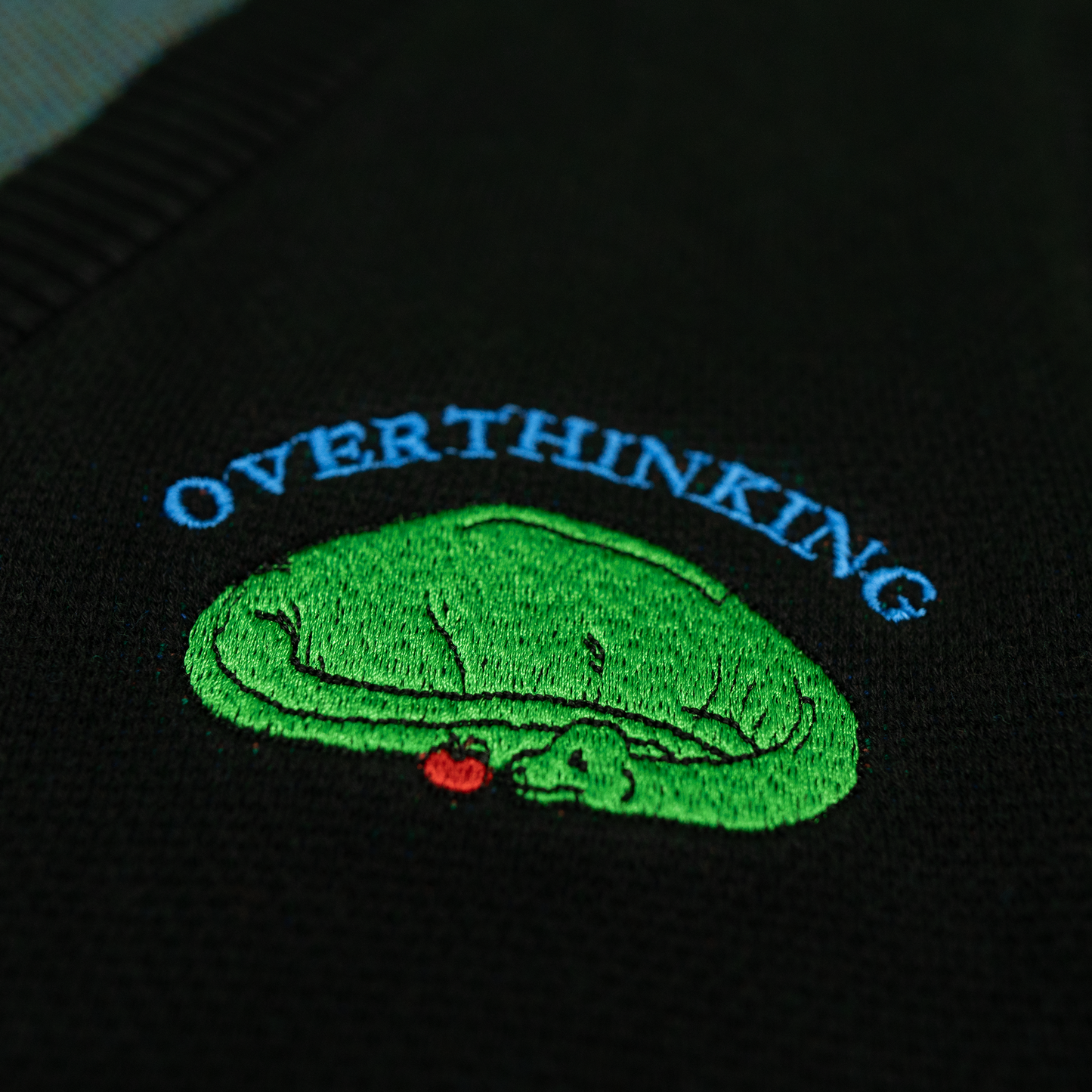 Green dinosuar design on a black background with text, featuring a red apple.