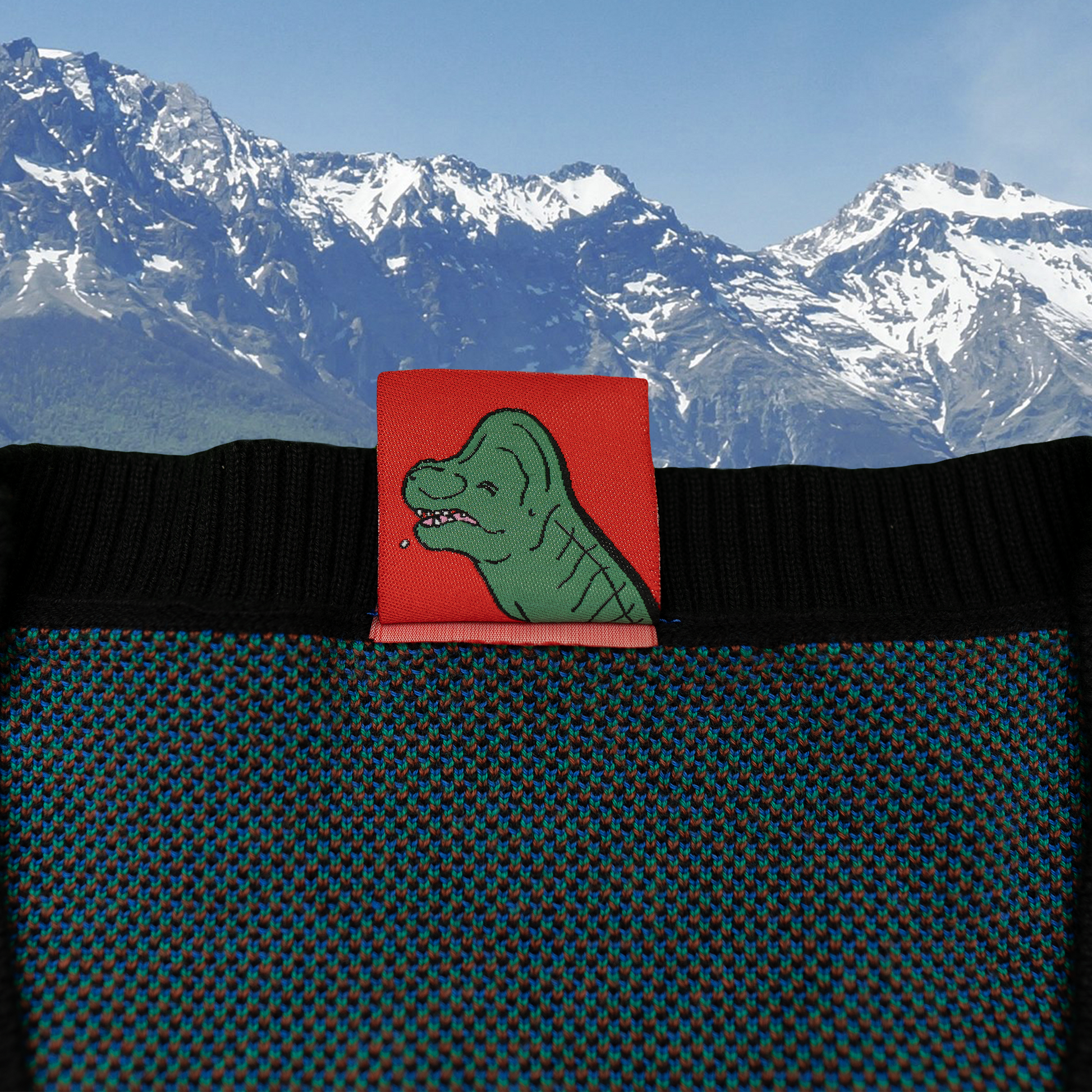 Small red book with a green dinosaur illustration on a textured surface with mountains in the background