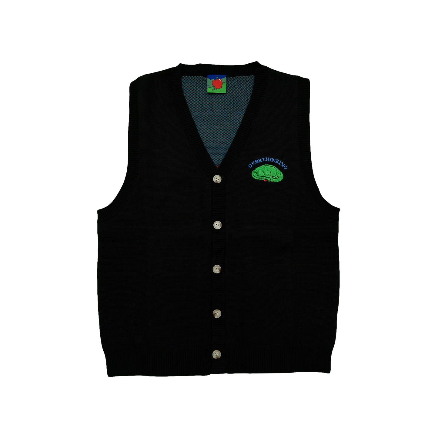 Pupik Overthinking knitted vest in black with front and back knit graphics.
